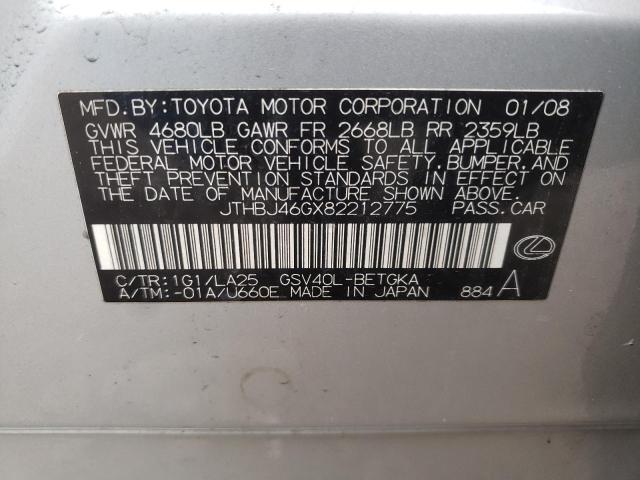 Photo 10 from auction – 2008 LEXUS ES 350 with VIN JTHBJ46GX82212775