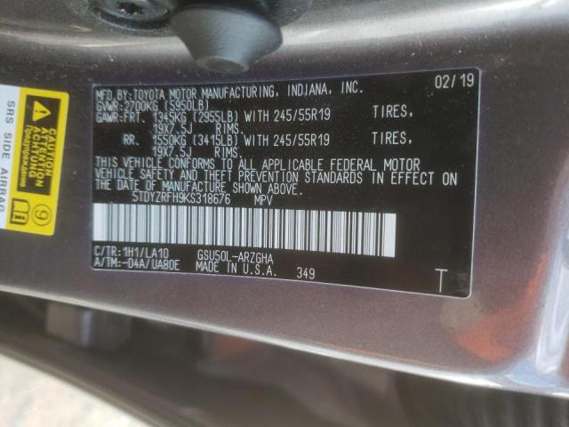 Photo 10 from auction – 2019 TOYOTA HIGHLANDER with VIN 5TDYZRFH9KS318676