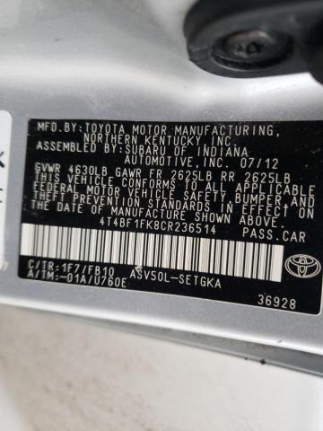 Photo 10 from auction – 2012 TOYOTA CAMRY BASE with VIN 4T4BF1FK8CR236514