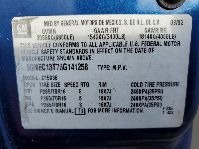 Photo 10 from auction – 2003 CHEVROLET AVALANCHE with VIN 3GNEC13T73G141258