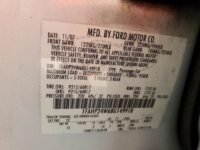 Photo 10 from auction – 2008 FORD TAURUS SEL with VIN 1FAHP24W68G149918