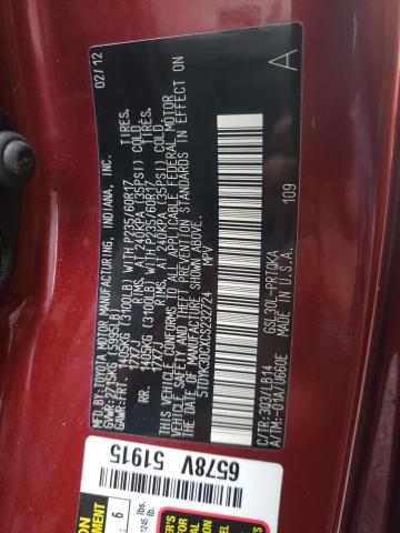 Photo 10 from auction – 2012 TOYOTA SIENNA XLE with VIN 5TDYK3DCXCS232724