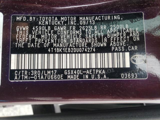 Photo 10 from auction – 2013 TOYOTA AVALON BAS with VIN 4T1BK1EB2DU074274