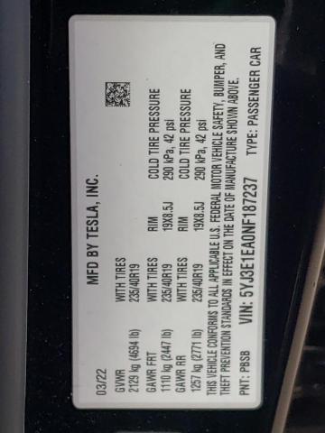 Photo 10 from auction – 2022 TESLA MODEL 3 with VIN 5YJ3E1EA0NF187237