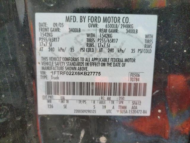 Photo 10 from auction – 2006 FORD F150 with VIN 1FTRF022X6KB27775
