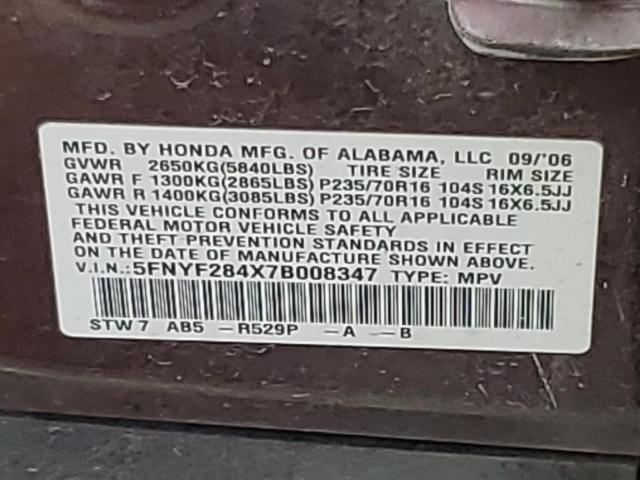 Photo 10 from auction – 2007 HONDA PILOT EX with VIN 5FNYF284X7B008347
