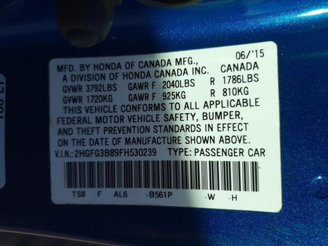 Photo 10 from auction – 2015 HONDA CIVIC EX with VIN 2HGFG3B89FH530239