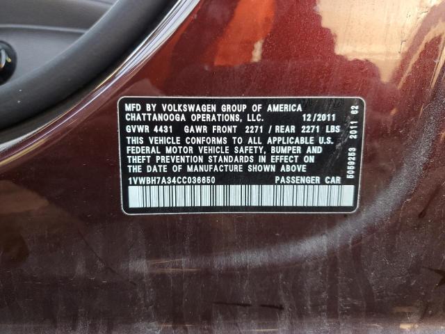 Photo 10 from auction – 2012 VOLKSWAGEN PASSAT SE with VIN 1VWBH7A34CC036650