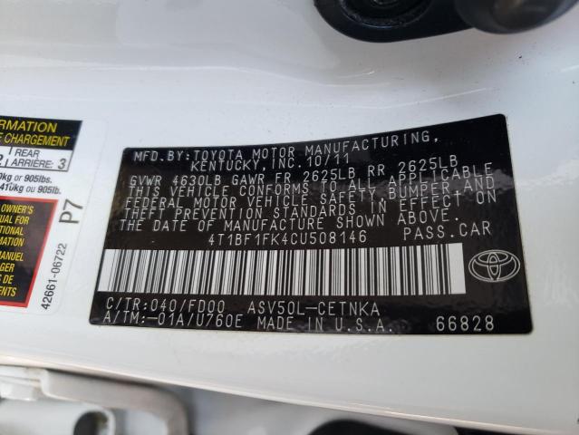 Photo 10 from auction – 2012 TOYOTA CAMRY BASE with VIN 4T1BF1FK4CU508146