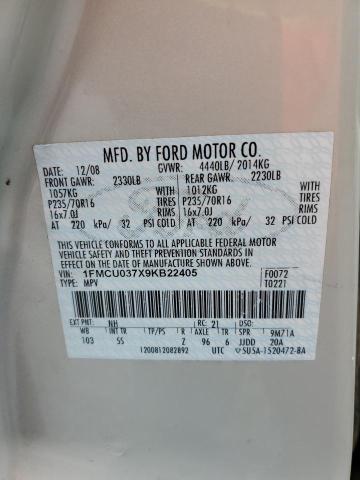 Photo 10 from auction – 2009 FORD ESCAPE XLT with VIN 1FMCU037X9KB22405