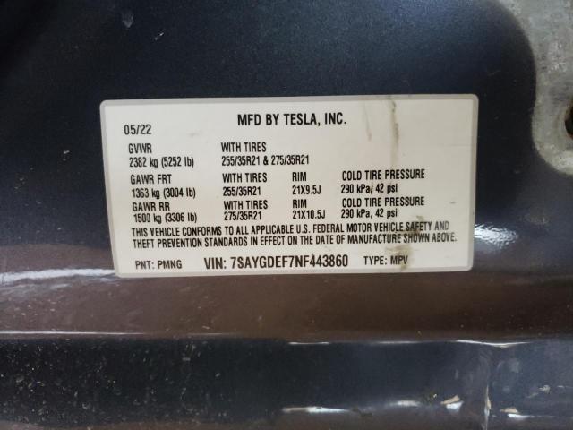 Photo 10 from auction – 2022 TESLA MODEL Y with VIN 7SAYGDEF7NF443860