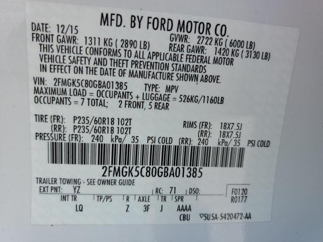 Photo 10 from auction – 2016 FORD FLEX SEL with VIN 2FMGK5C80GBA01385