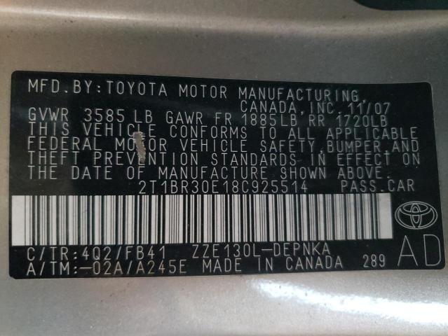 Photo 10 from auction – 2008 TOYOTA COROLLA CE with VIN 2T1BR30E18C925514
