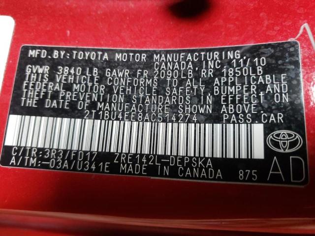 Zdjęcie 10 z aukcji – 2010 TOYOTA COROLLA BA z VIN 2T1BU4EE8AC514274
