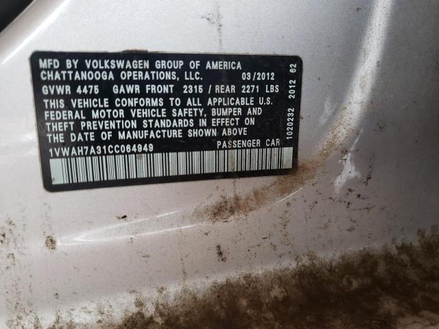 Photo 10 from auction – 2012 VOLKSWAGEN PASSAT S with VIN 1VWAH7A31CC064949