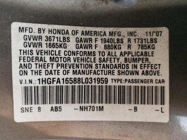 Photo 10 from auction – 2008 HONDA CIVIC 4D with VIN 1HGFA16588L031959