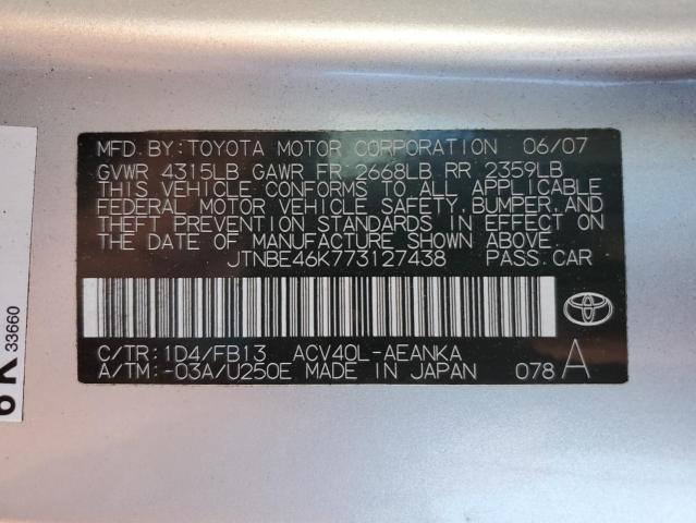 Photo 10 from auction – 2007 TOYOTA CAMRY CE with VIN JTNBE46K773127438