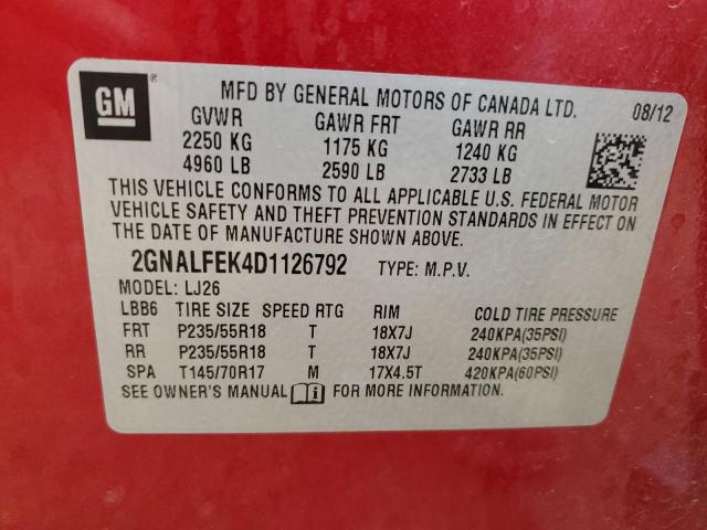 Photo 10 from auction – 2013 CHEVROLET EQUINOX LT with VIN 2GNALFEK4D1126792
