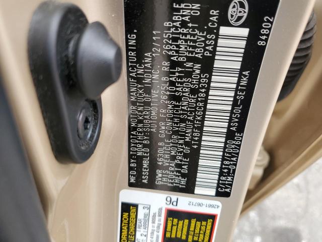 Photo 10 from auction – 2012 TOYOTA CAMRY BASE with VIN 4T4BF1FK6CR184395