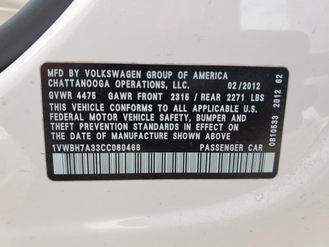 Photo 10 from auction – 2012 VOLKSWAGEN PASSAT SE with VIN 1VWBH7A33CC060468
