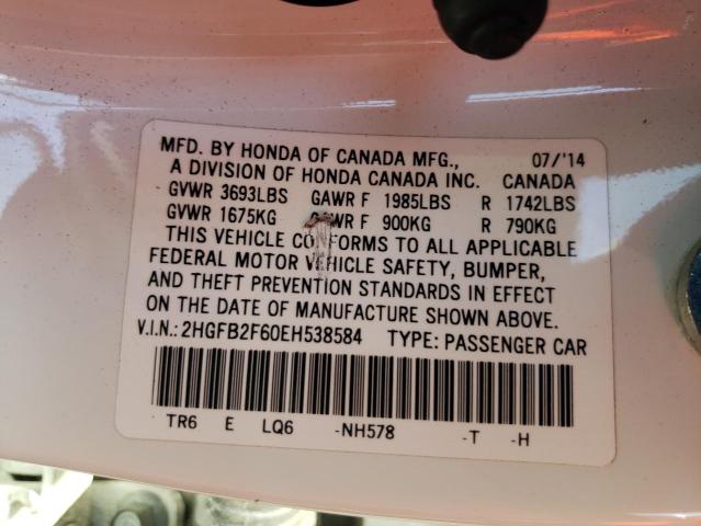 Photo 10 from auction – 2014 HONDA CIVIC HF with VIN 2HGFB2F60EH538584