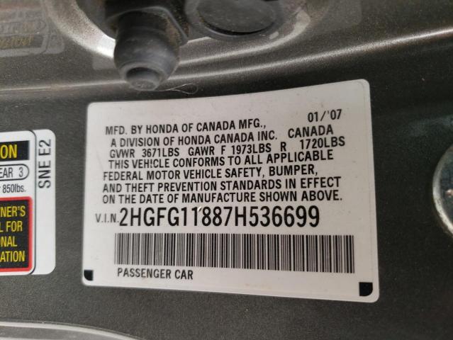Photo 10 from auction – 2007 HONDA CIVIC EX with VIN 2HGFG11887H536699