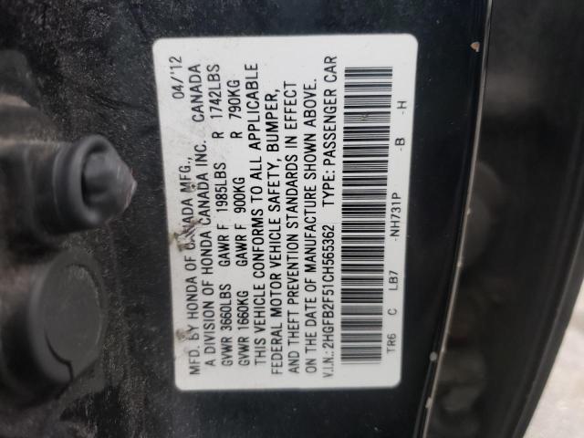 Photo 10 from auction – 2012 HONDA CIVIC LX with VIN 2HGFB2F51CH565362
