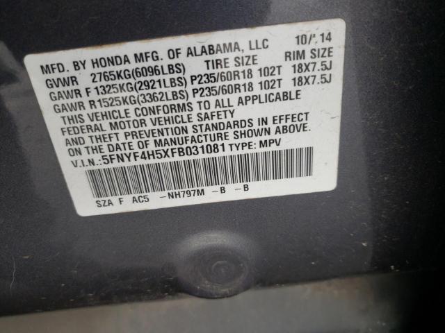 Photo 10 from auction – 2015 HONDA PILOT EXL with VIN 5FNYF4H5XFB031081