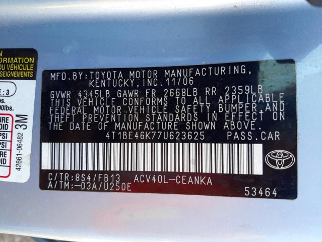 Photo 10 from auction – 2007 TOYOTA CAMRY CE with VIN 4T1BE46K77U623625