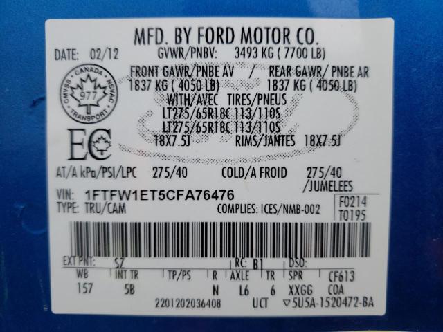 Photo 10 from auction – 2012 FORD F150 SUPER with VIN 1FTFW1ET5CFA76476