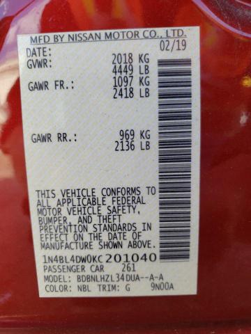 Photo 10 from auction – 2019 NISSAN ALTIMA SV with VIN 1N4BL4DW0KC201040