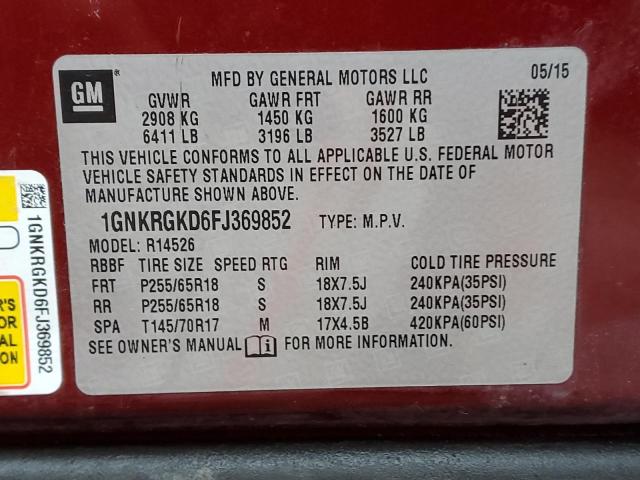 Photo 10 from auction – 2015 CHEVROLET TRAVERSE L with VIN 1GNKRGKD6FJ369852