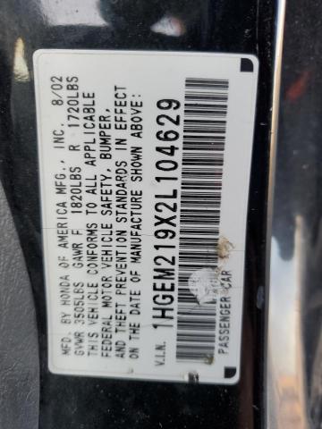 Photo 10 from auction – 2002 HONDA CIVIC EX with VIN 1HGEM219X2L104629