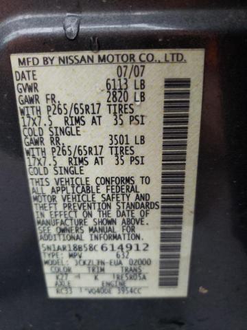 Photo 10 from auction – 2008 NISSAN PATHFINDER with VIN 5N1AR18B58C614912