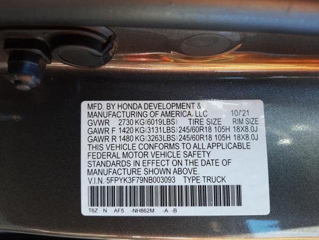 Photo 10 from auction – 2022 HONDA RIDGELINE with VIN 5FPYK3F79NB003093