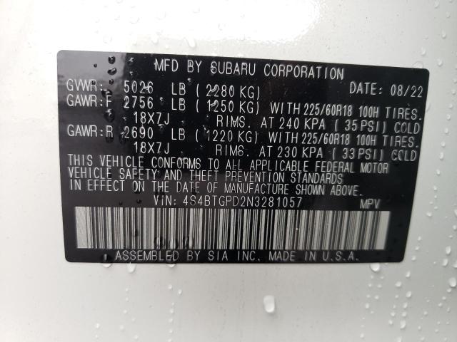 Photo 10 from auction – 2022 SUBARU OUTBACK TO with VIN 4S4BTGPD2N3281057