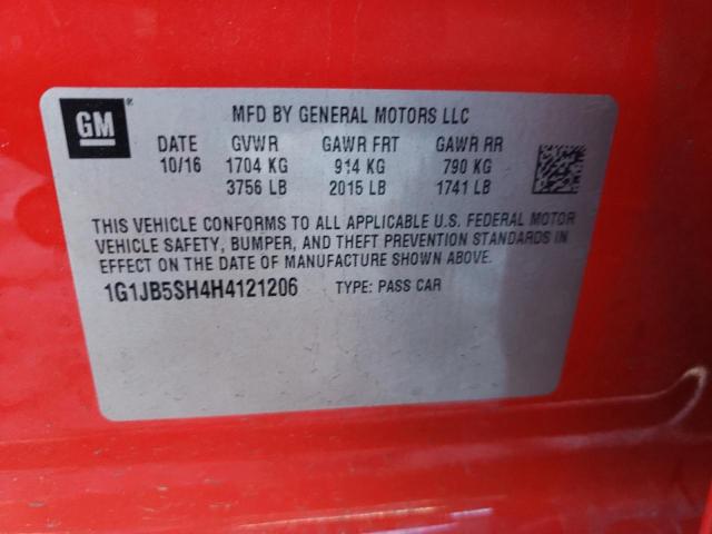 Photo 10 from auction – 2017 CHEVROLET SONIC LS with VIN 1G1JB5SH4H4121206