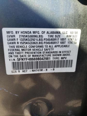 Photo 10 from auction – 2009 HONDA PILOT EXL with VIN 5FNYF48669B042981