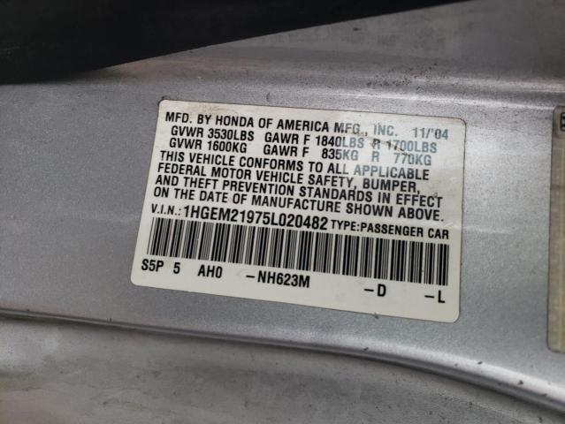 Photo 10 from auction – 2005 HONDA CIVIC EX with VIN 1HGEM21975L020482