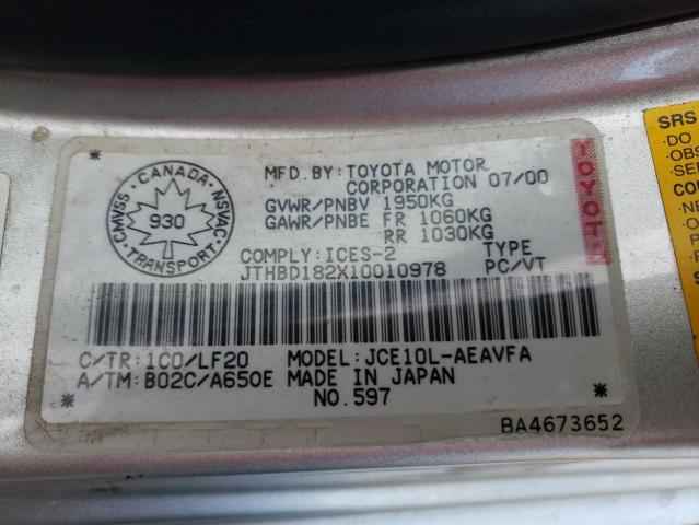 Photo 10 from auction – 2001 LEXUS IS 300 with VIN JTHBD182X10010978
