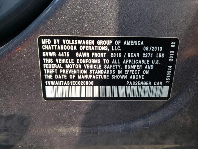 Photo 10 from auction – 2014 VOLKSWAGEN PASSAT S with VIN 1VWAH7A31EC020808