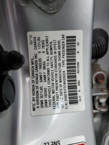 Photo 10 from auction – 2010 HONDA CIVIC LX with VIN 2HGFA1F51AH326324