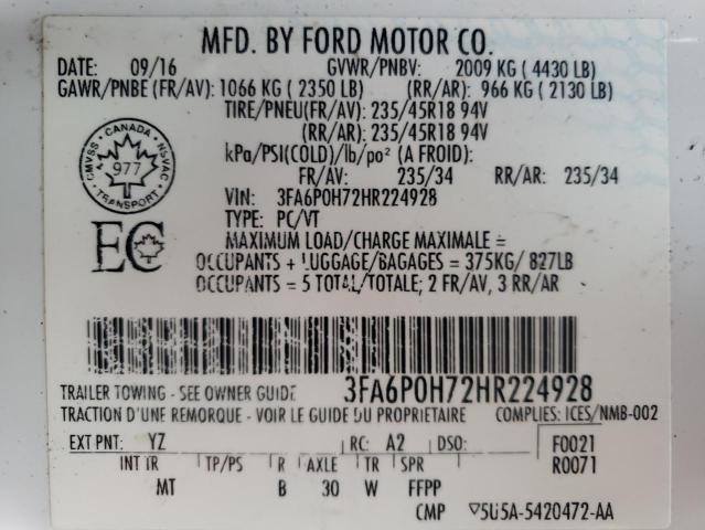 Photo 10 from auction – 2017 FORD FUSION SE with VIN 3FA6P0H72HR224928