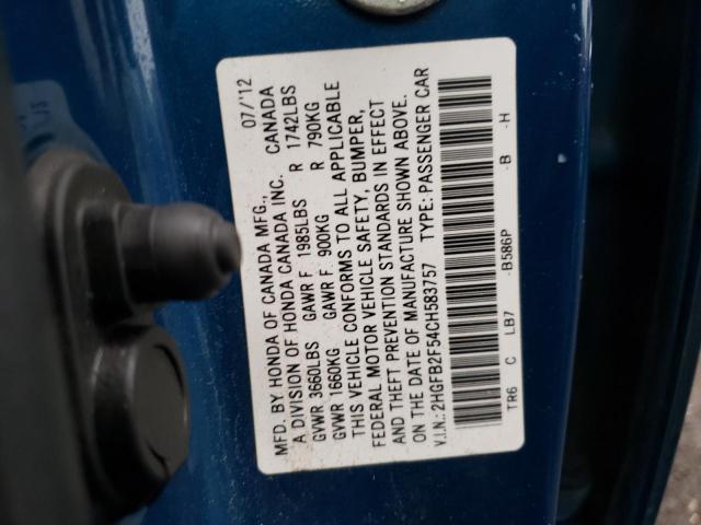 Photo 10 from auction – 2012 HONDA CIVIC LX with VIN 2HGFB2F54CH583757