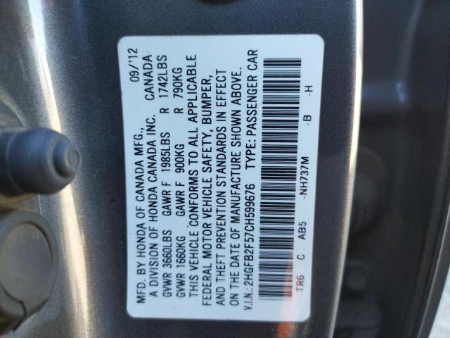 Photo 10 from auction – 2012 HONDA CIVIC LX with VIN 2HGFB2F57CH599676