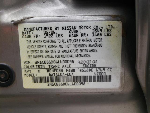 Photo 10 from auction – 2006 NISSAN SENTRA 1.8 with VIN 3N1CB51D06L600098