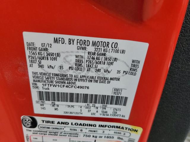 Photo 10 from auction – 2012 FORD F150 SUPER with VIN 1FTFW1CF4CFC49076