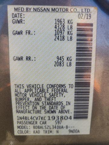 Photo 10 from auction – 2019 NISSAN ALTIMA SR with VIN 1N4BL4CV7KC193804