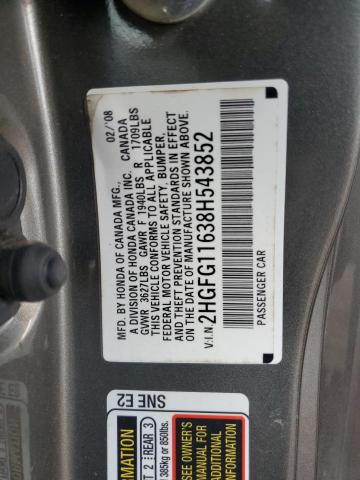 Photo 10 from auction – 2008 HONDA CIVIC with VIN 2HGFG11638H543852