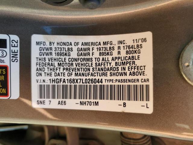 Photo 10 from auction – 2007 HONDA CIVIC EX with VIN 1HGFA168X7L026044